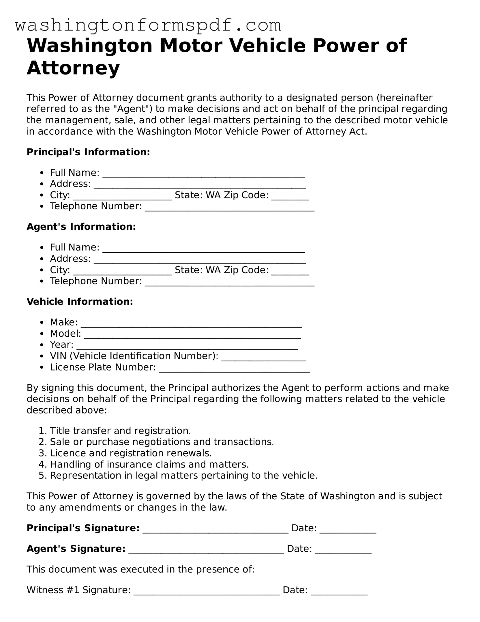 Printable  Motor Vehicle Power of Attorney Template for Washington