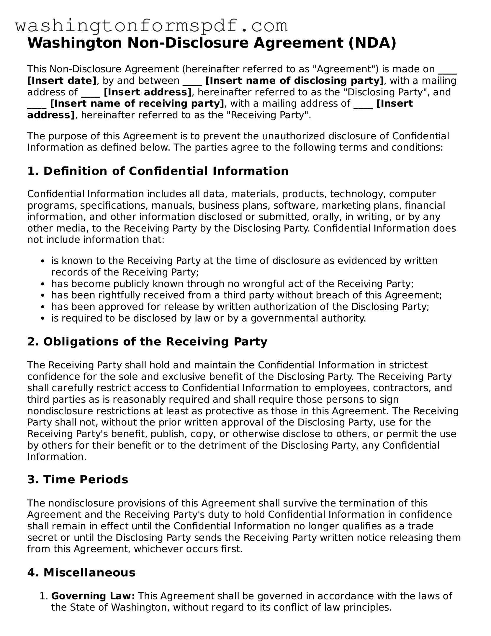 Printable  Non-disclosure Agreement Template for Washington