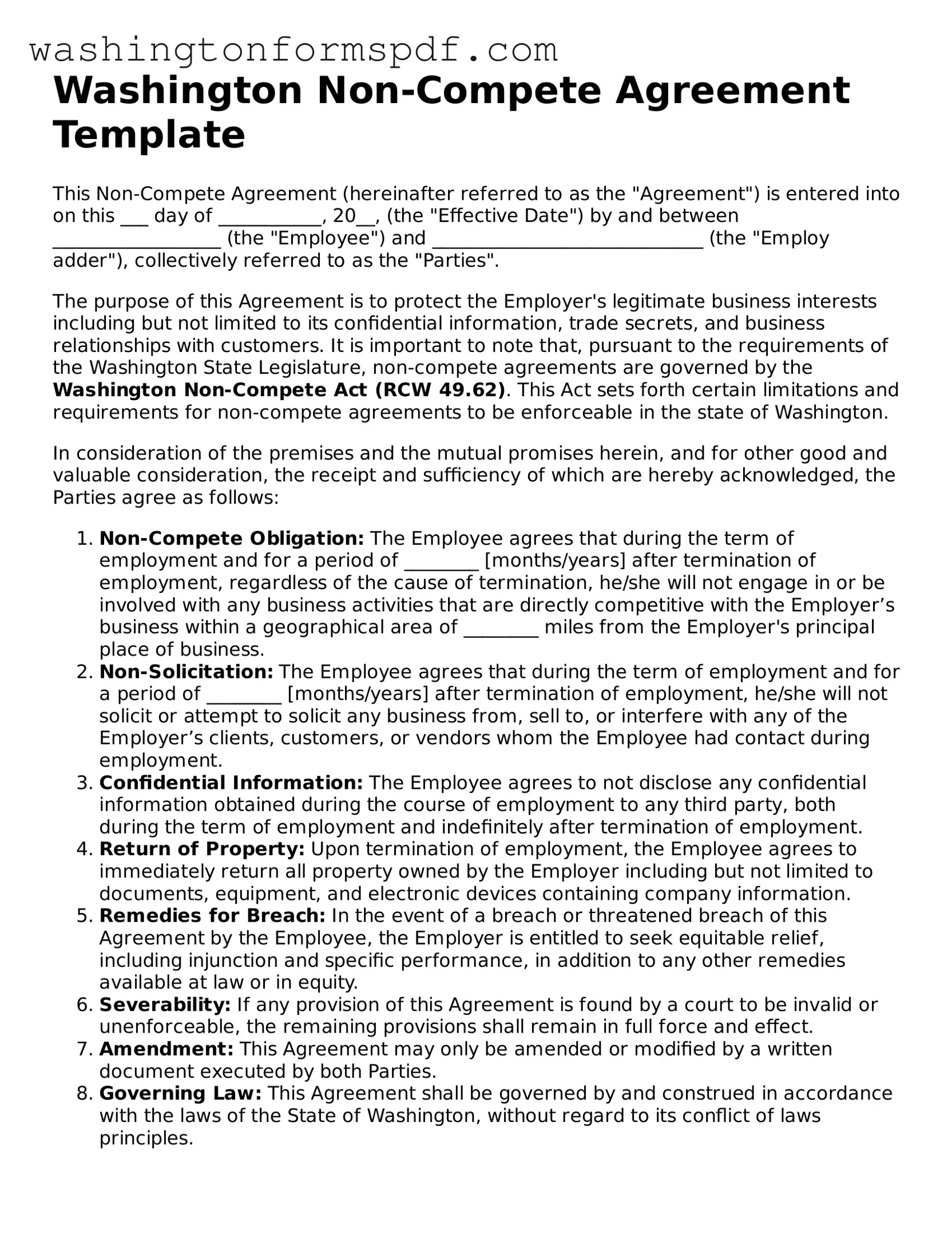 Printable  Non-compete Agreement Template for Washington