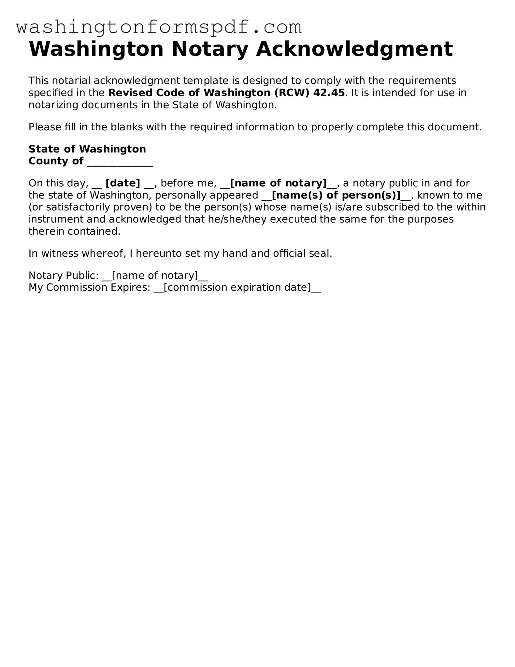 Printable  Notary Acknowledgement Template for Washington