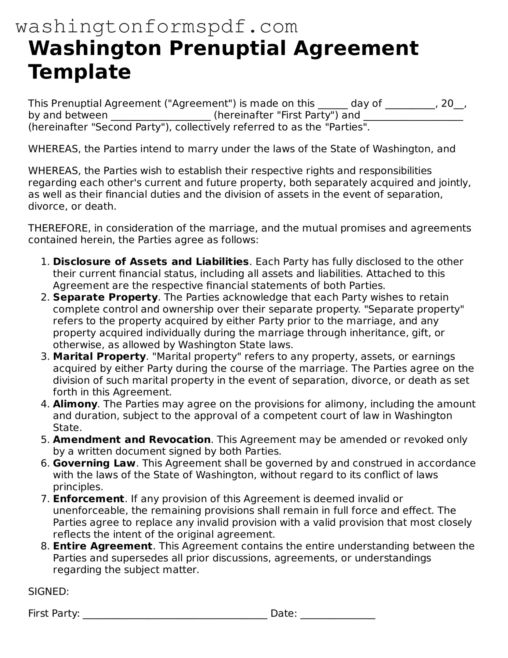 Printable  Prenuptial Agreement Template for Washington