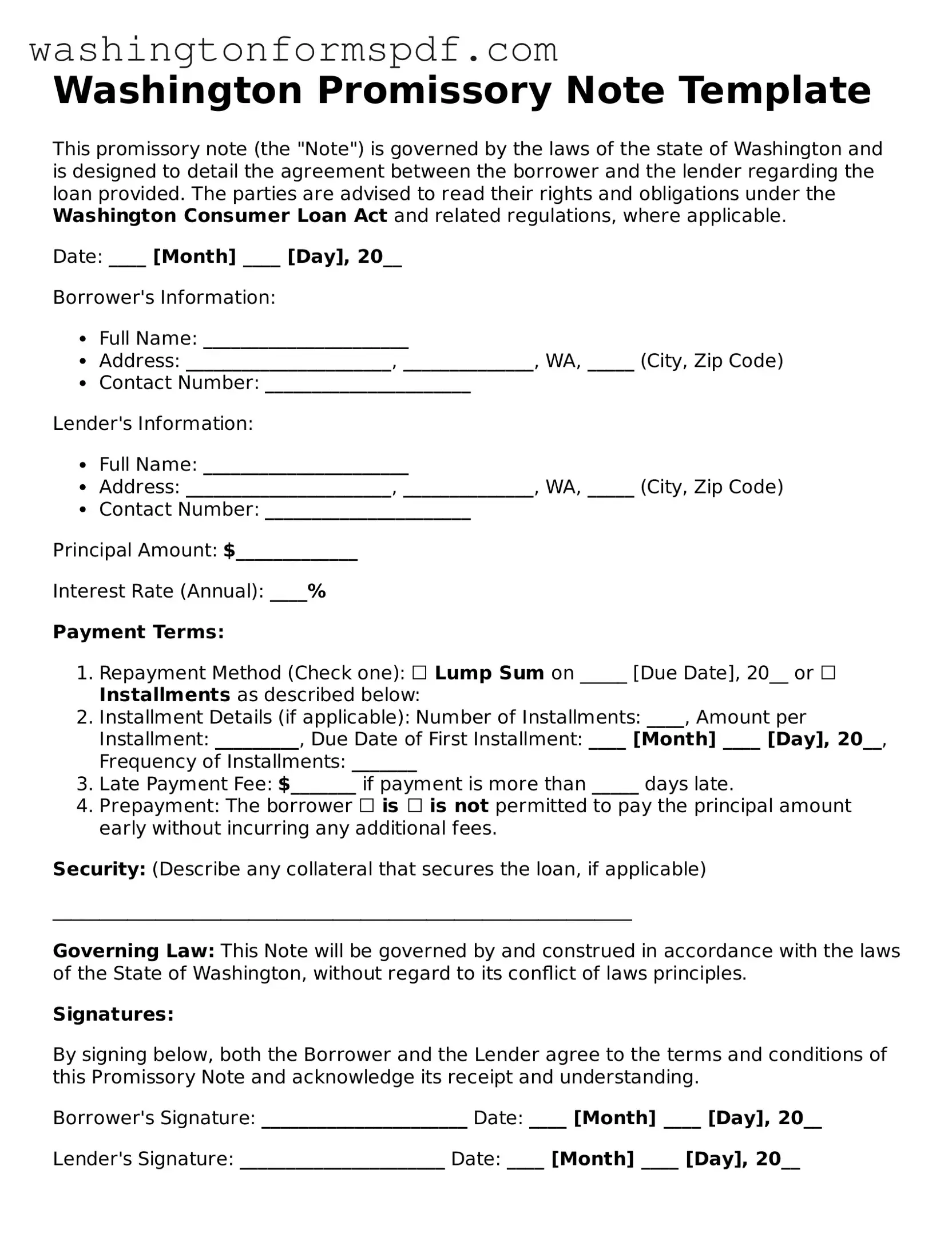 Printable  Promissory Note Template for Washington