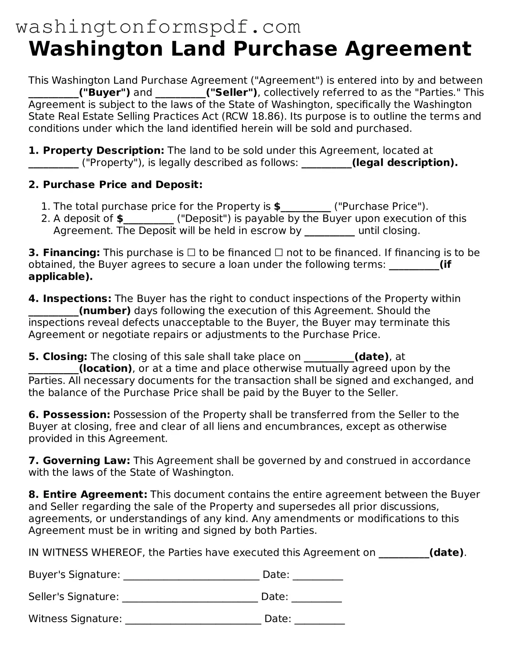 Printable  Land Purchase Agreement Template for Washington