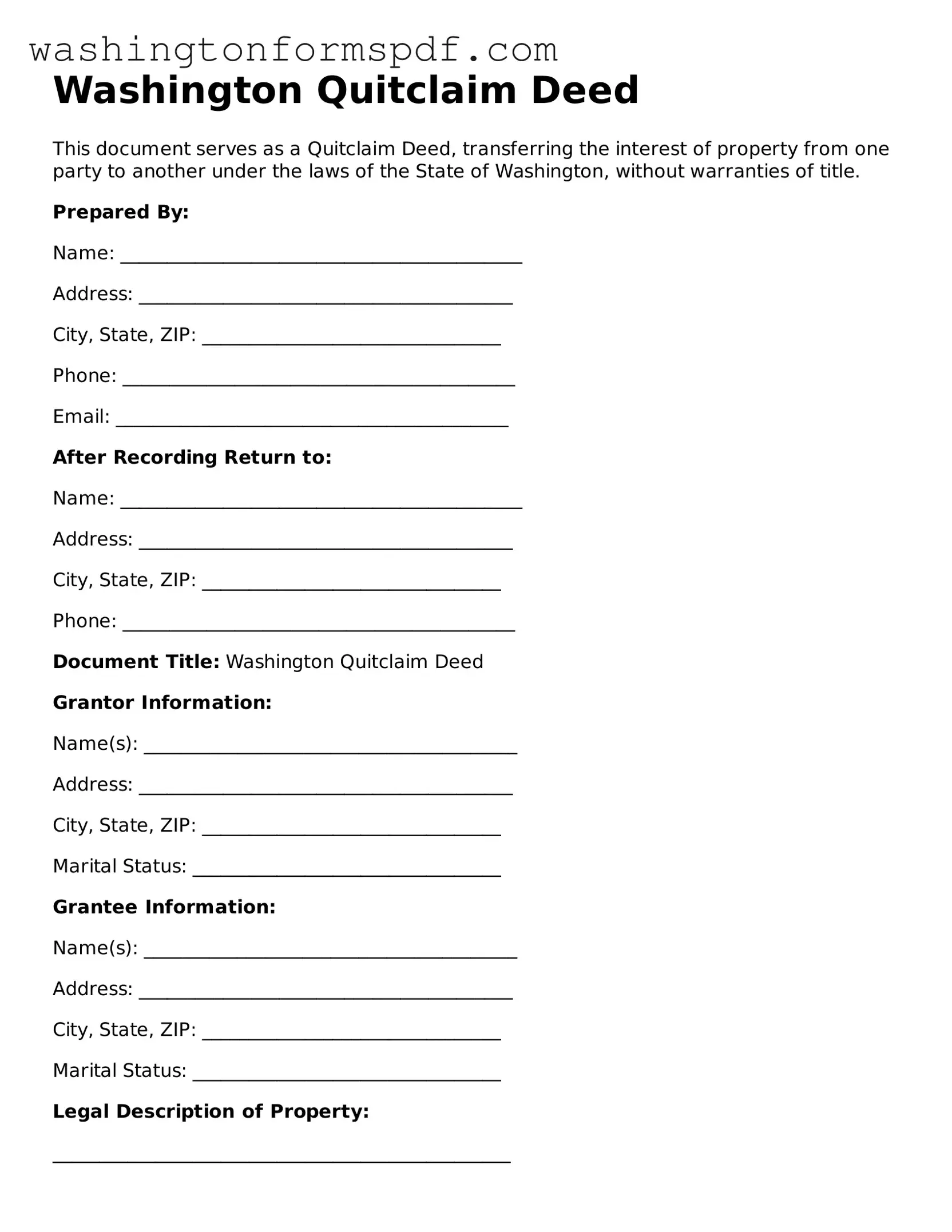 Printable  Quitclaim Deed Template for Washington
