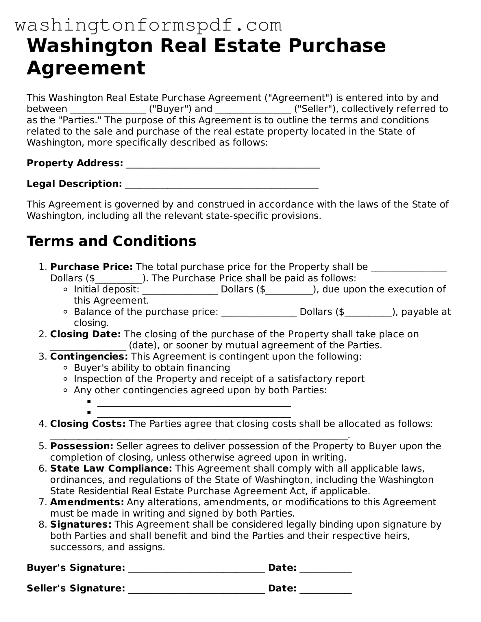 Printable  Real Estate Purchase Agreement Template for Washington