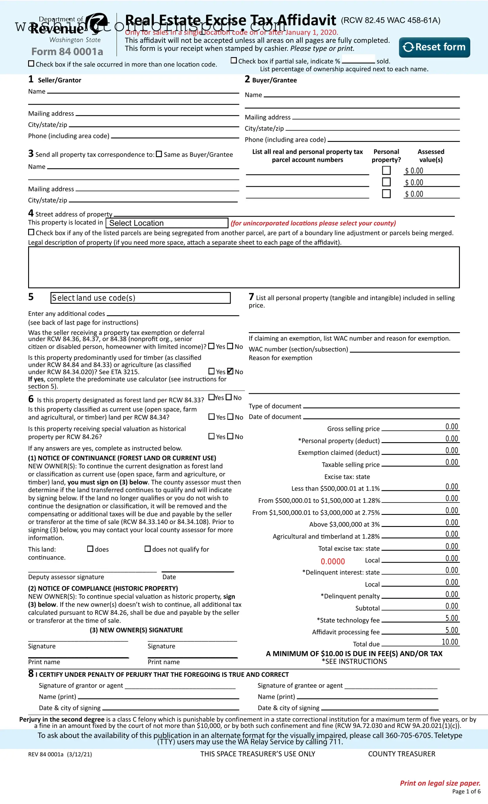 Official Washington Real Estate Excise Tax Affidavit Form in PDF