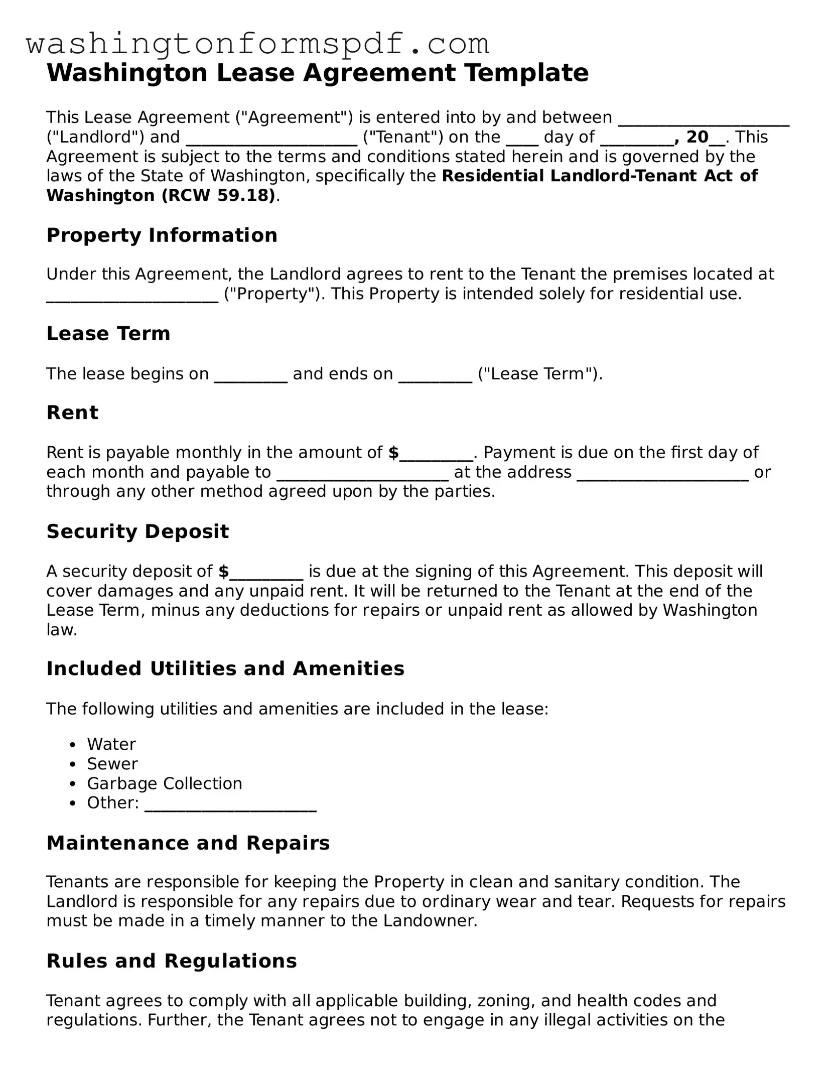 Printable  Lease Agreement Template for Washington