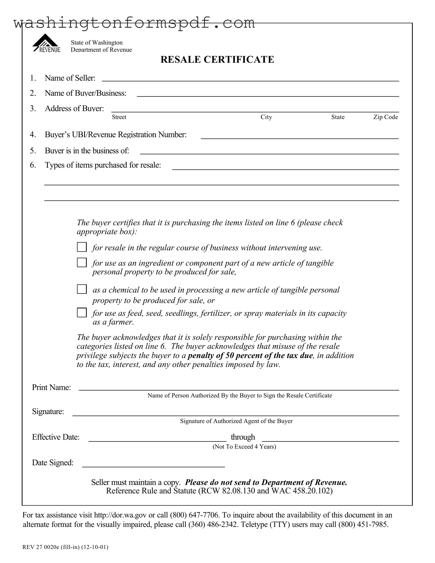 Official Washington Resale Certificate Form in PDF