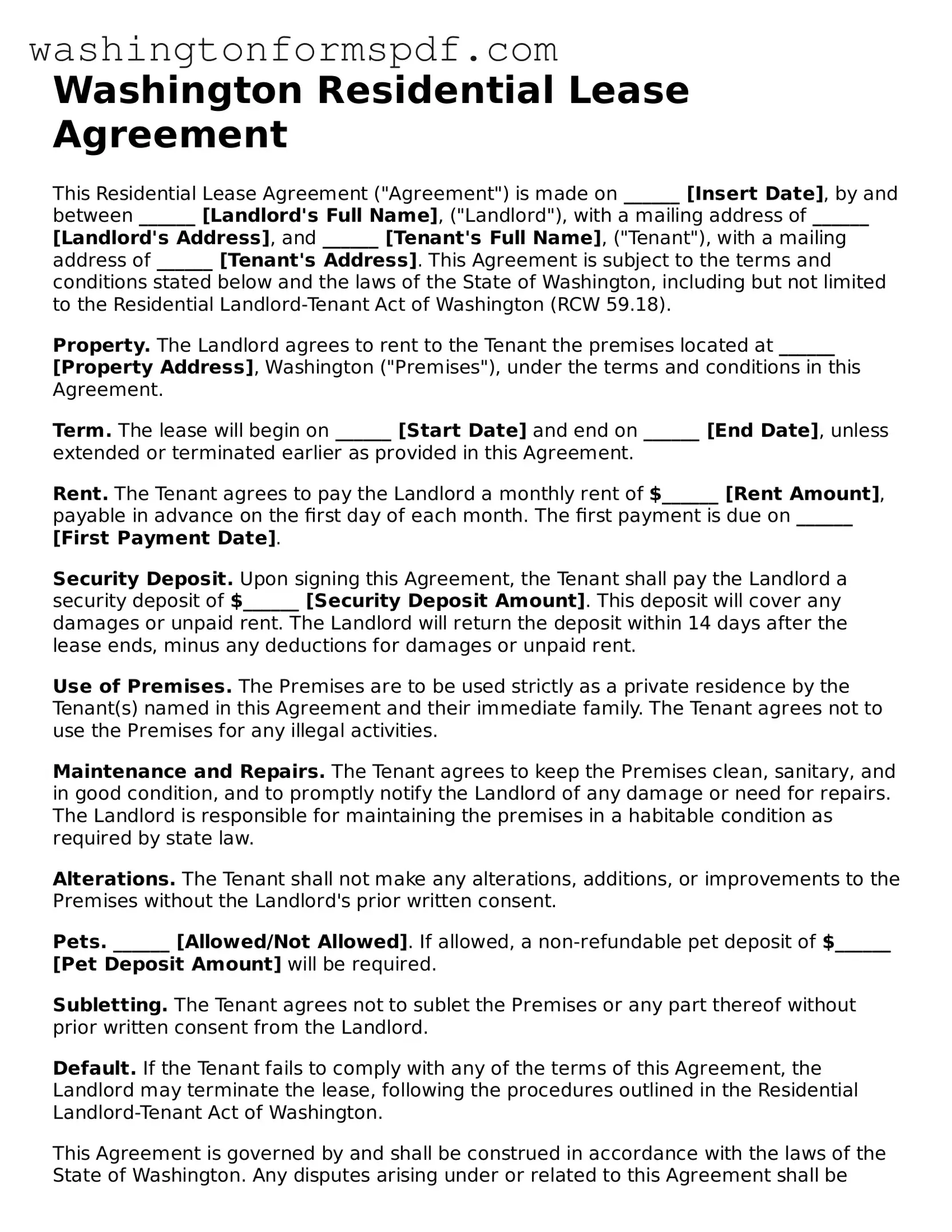 Printable  Residential Lease Agreement Template for Washington