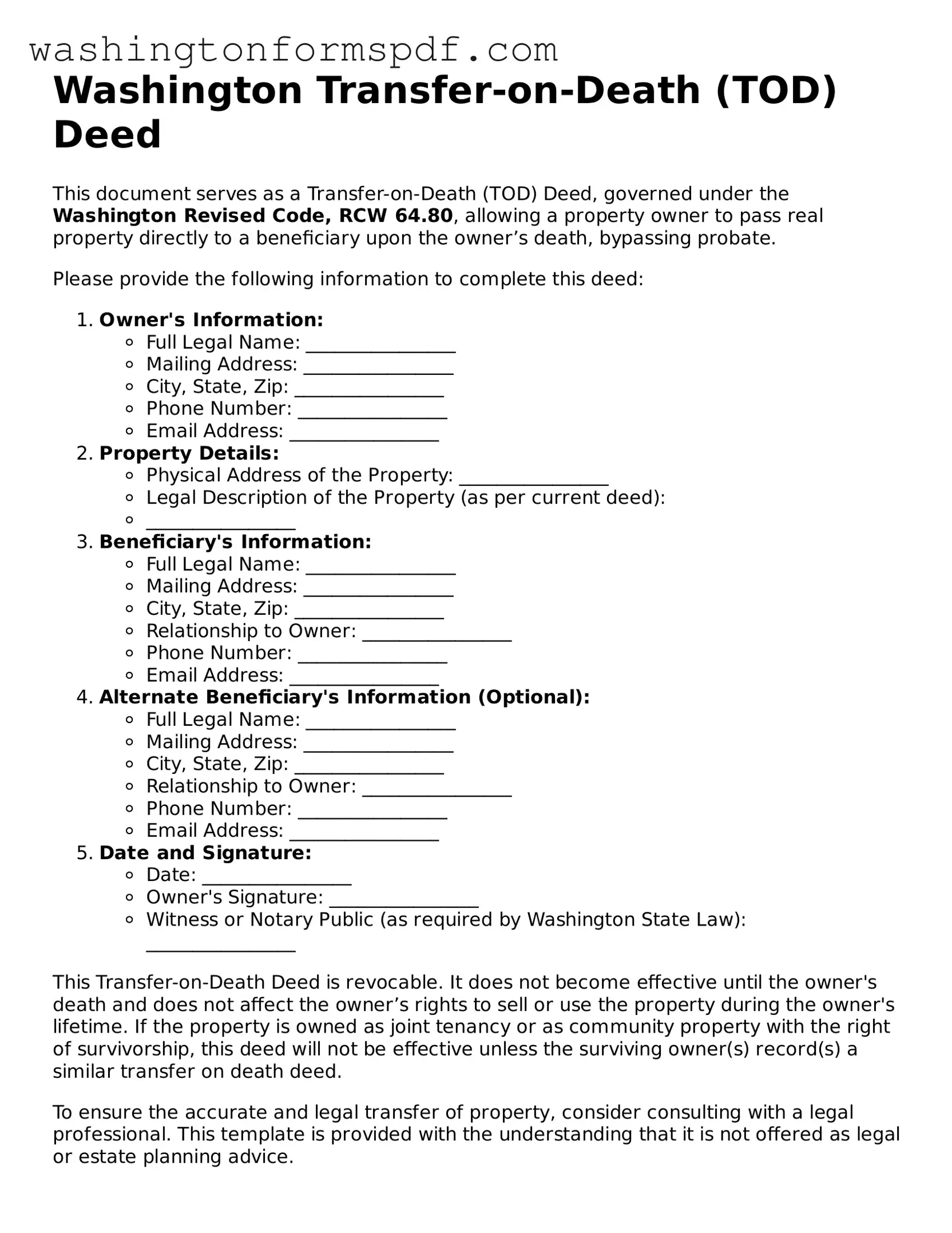 Printable  Transfer-on-Death Deed Template for Washington