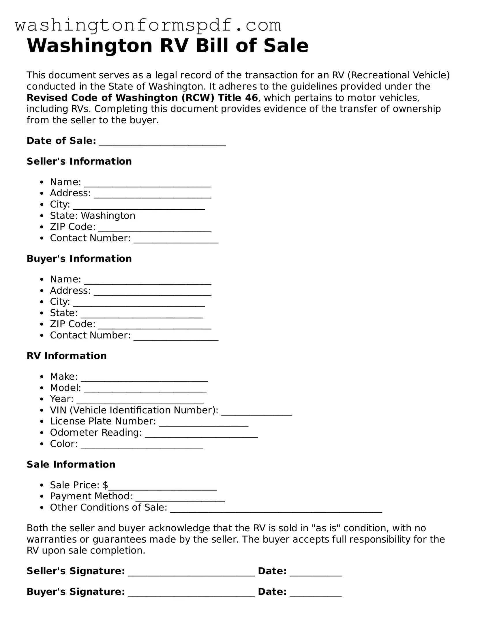 Printable  RV Bill of Sale Template for Washington